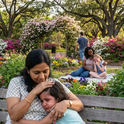 Emotional Scene of Women Comforting Children in Lush Park