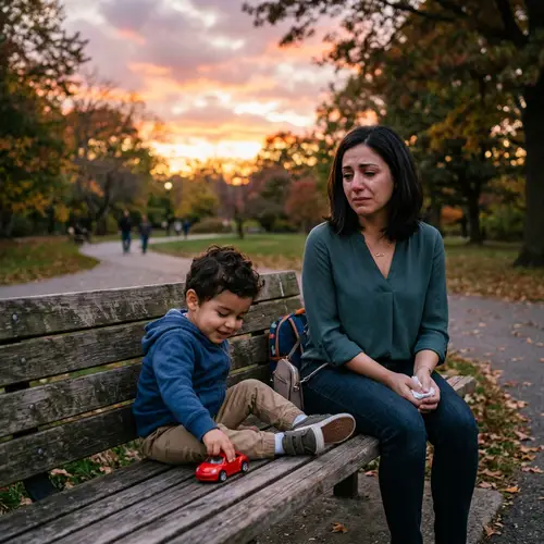 Post-Breakup Scene: Melancholic Woman with Engrossed Child