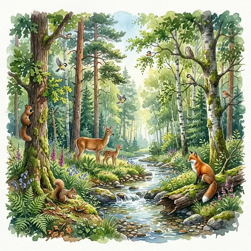 Realistic Watercolor Forest with Trees & Animals