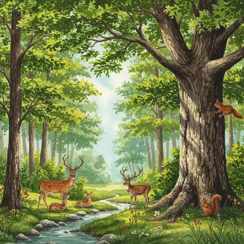 Realistic Watercolor Forest with Trees & Animals