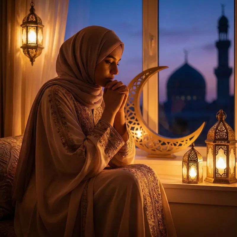 Beautiful Ramadan Portrait with Crescent Moon & Lanterns