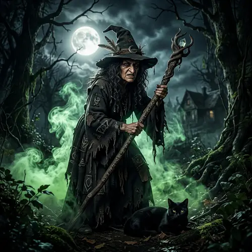 Mysterious Hispanic Witch with Wooden Staff | Fairy Tale Character