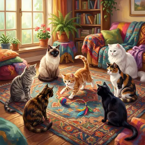 Enchanting Scene of Playful Cat and Inquisitive Felines