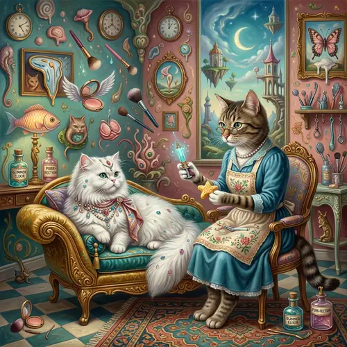 Surreal Cat Cosmetologist Administers Glamorous Treatment