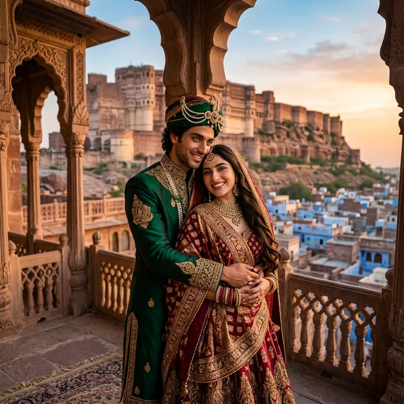 Romantic Indian King and Queen Embrace at Rajasthani Royal Fort