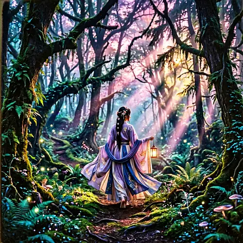 Mystical Forest at Twilight | Mysterious Figure & Pastel Colors