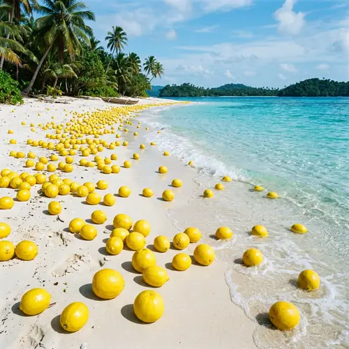Beautiful Beach with Big Lemons - Tropical Paradise Scene