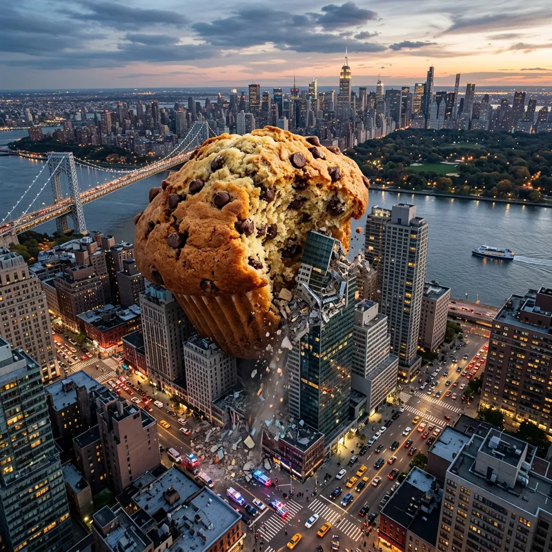 Giant Muffin Feasting on Cityscape