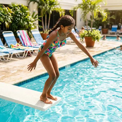 Vibrant Summer Pool Scene with South Asian Girl Ready to Dive