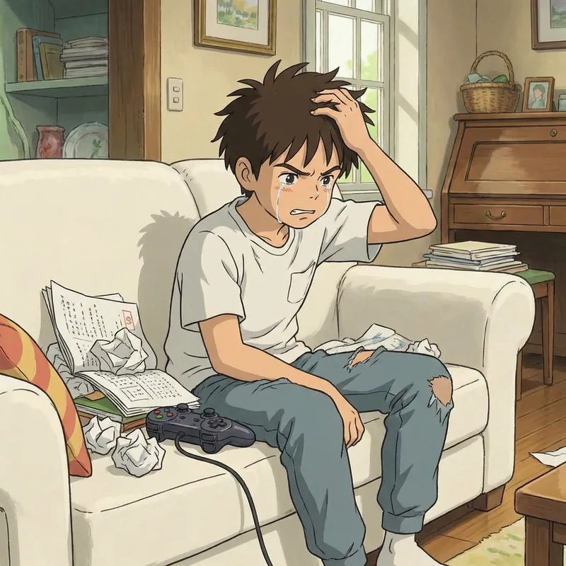 Frustrated Anime Kid Sitting on a White Sofa