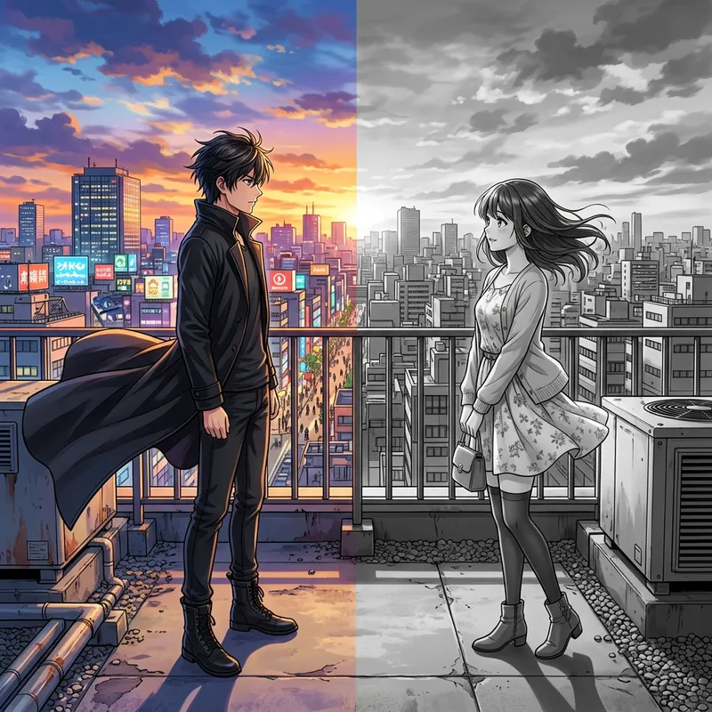 Stylish Anime Rooftop Encounter in Black and White