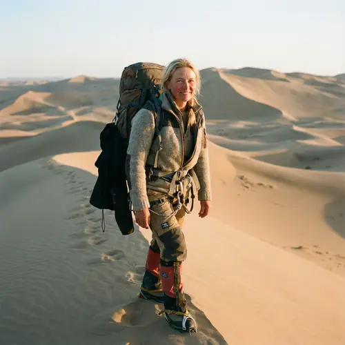 Blonde Russian Girl in Mountain Suit in Desert