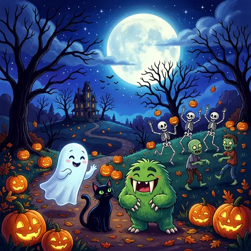 Fun Halloween Scene with Ghosts and Monsters