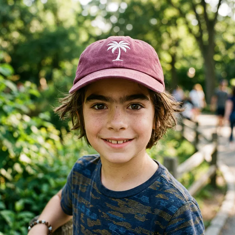 Boy with Brown Hair and Wine-Colored Cap with White Palm Tree Design