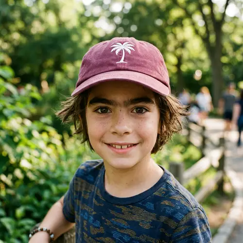 Boy with Brown Hair in Wine-Colored Cap and White Palm Tree Design