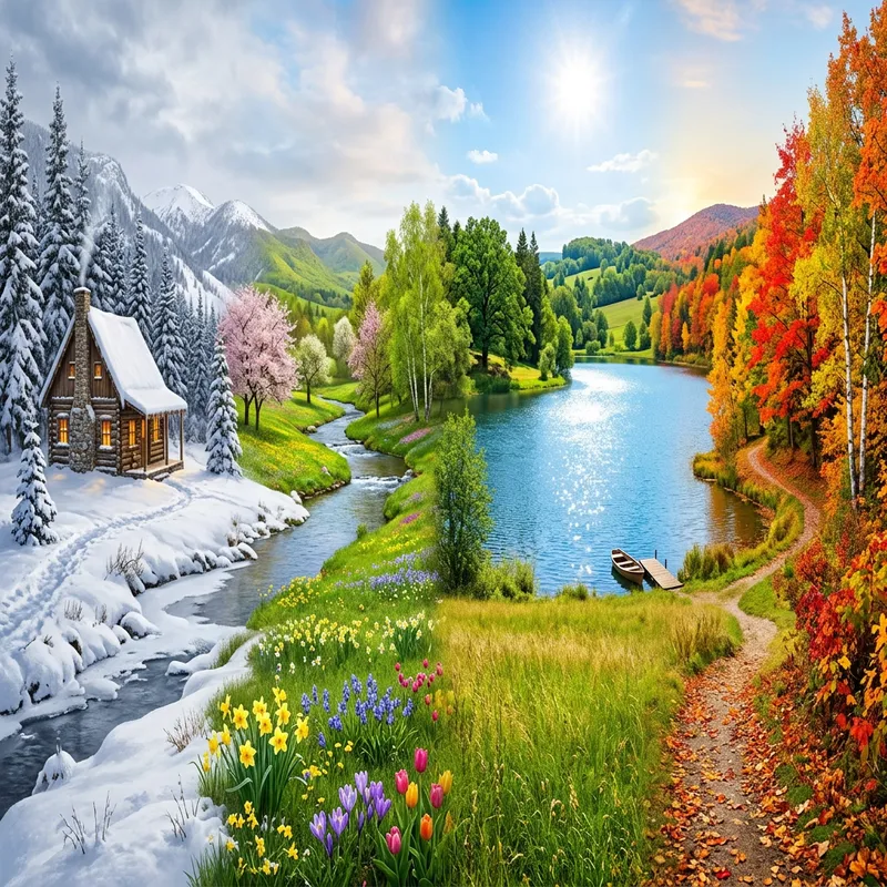 Seasonscape Beauty: Winter to Autumn Panorama Seasonscape Beauty: Winter to Autumn Panorama