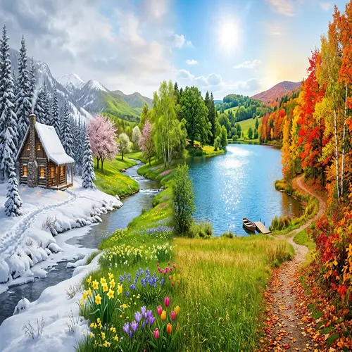 Seasons Panoramic Landscape: Winter to Autumn Transition