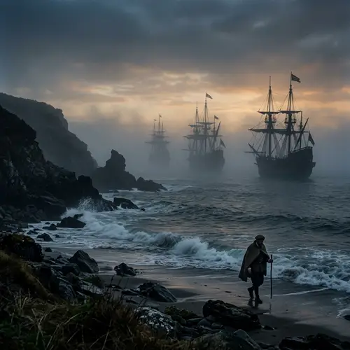 Misty Coastline at Dawn: Ancient Ships & Waves