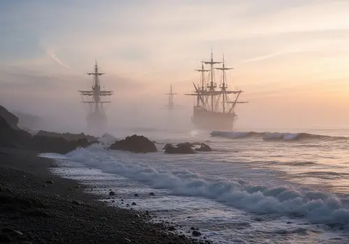 Misty Coastline at Dawn: Ancient Ships & Waves