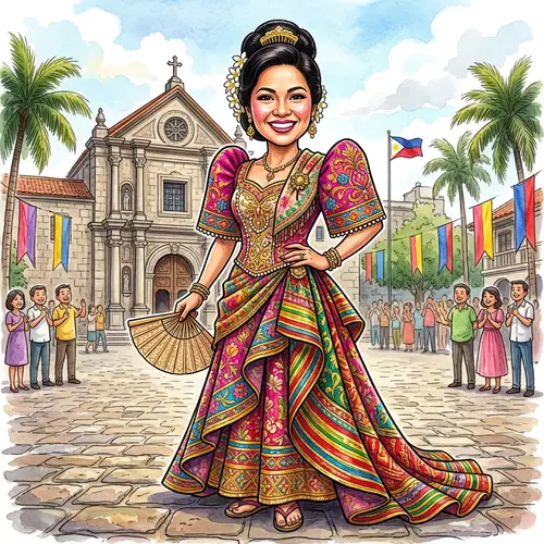 Vibrant Filipiniana Dress Caricature Art