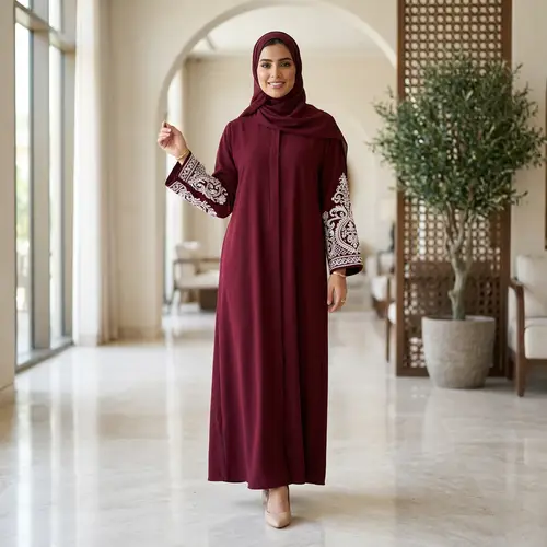Elegant Maroon Abaya with White Embroidery Design
