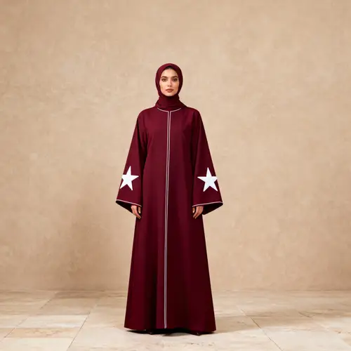 Elegant Maroon Abaya with White Embroidery Design