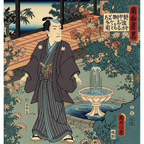 Ukiyo-e Garden Art: Man by Fountain