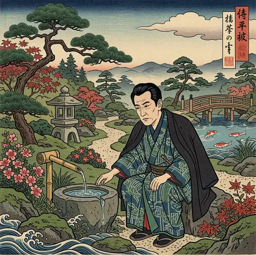 Ukiyo-e Garden Art: Man by Fountain