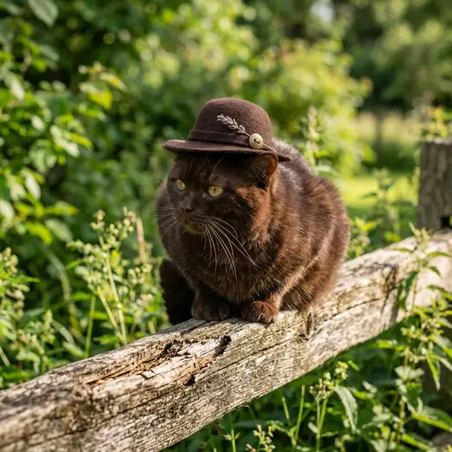 Charming Dark Brown Cat with Gleaming Coat and Delightful Hat