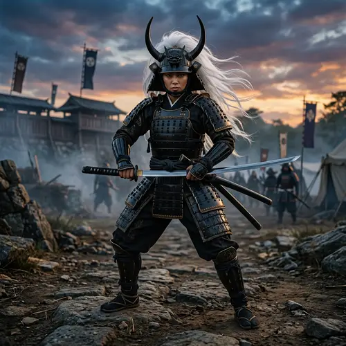 Japanese Samurai Woman in Black Armor with Katana | Battle Ready