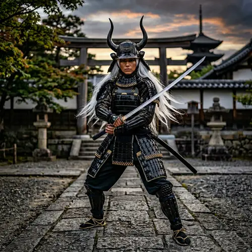 Japanese Samurai Woman in Detailed Black Armor with Katana