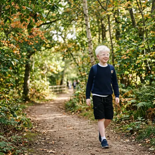 Albino Boy in Black Shorts, White Tee-Shirt, Blue Sweater