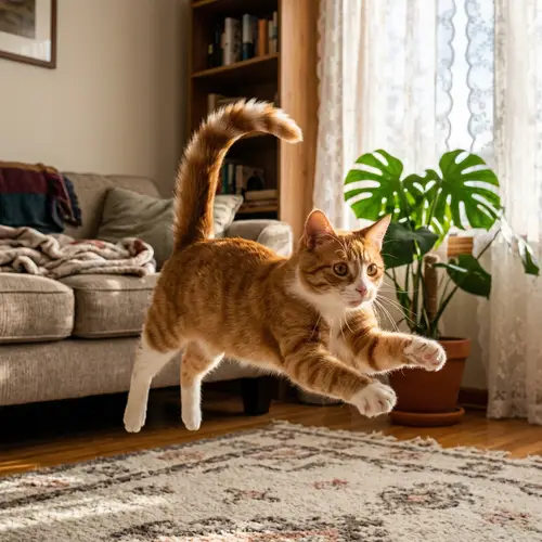 Vibrant Orange and White Cat in Mid-Leap | Happy Feline Image