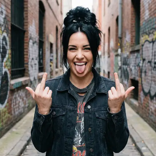 Rebellious Woman with Jet-Black Hair | Playful Defiance