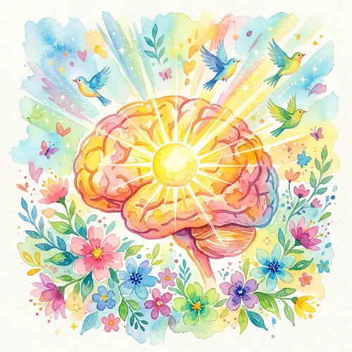 Positive Mindset Watercolor Painting - Bright Brain and Symbolic Elements
