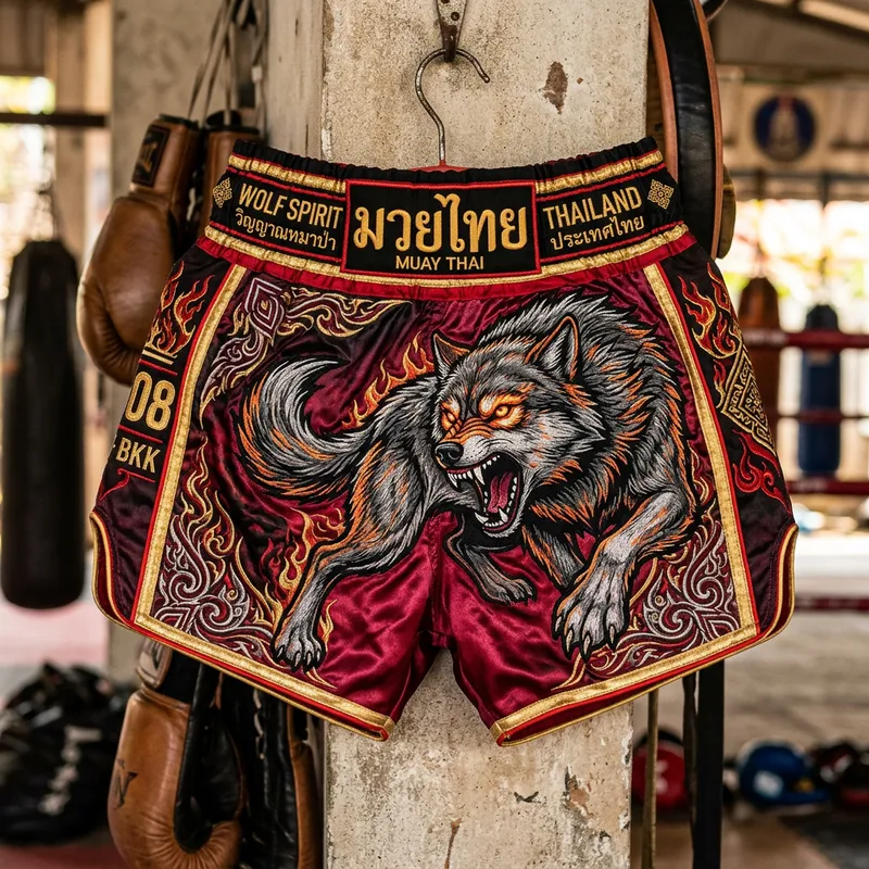 Vibrant Muay Thai Trunks with Wolf Motif