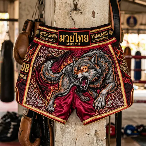 Vibrant Muay Thai Trunks with Intricate Wolf Design