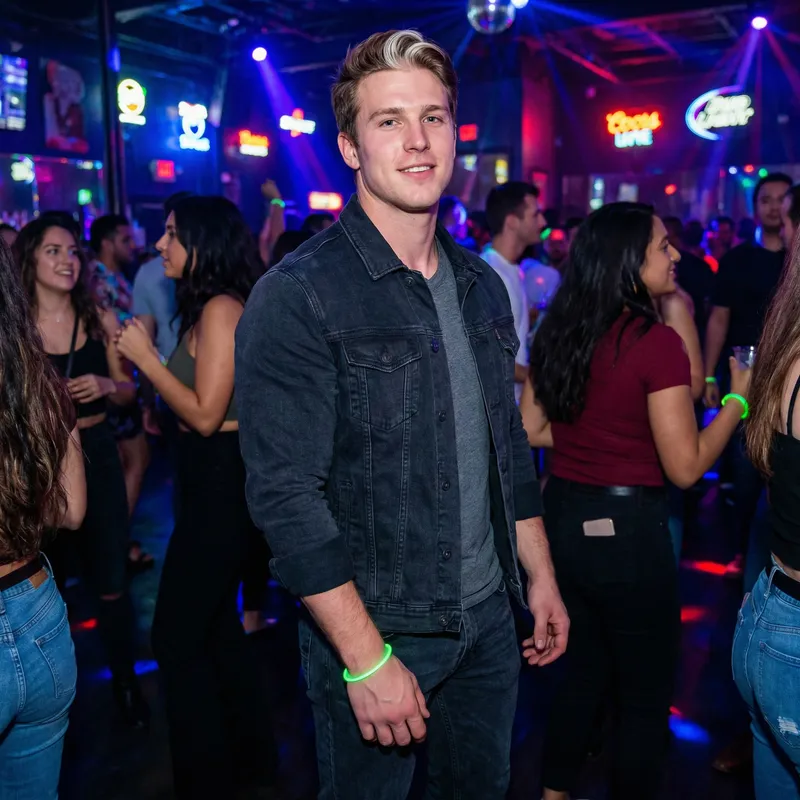 Muscular Caucasian Man with Unique Style in Vibrant Nightclub Setting