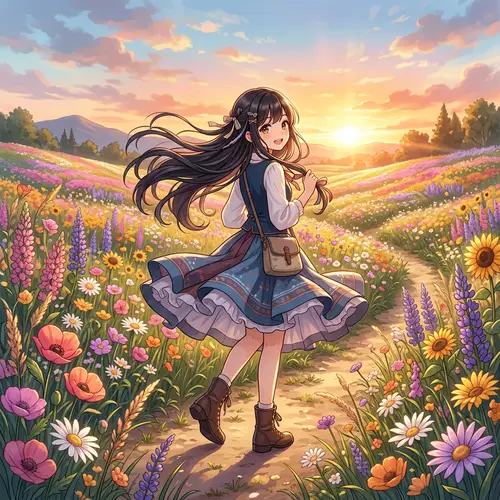 Anime-Styled Girl in Vibrant Flower Field | Floral Beauty Scene
