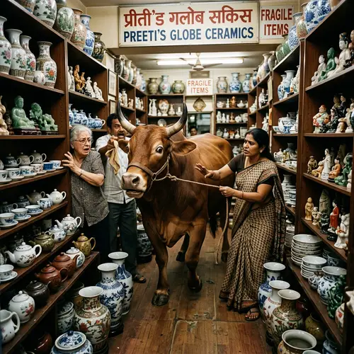 Lively Chinashop with Cultural Artifacts & Comical Bull