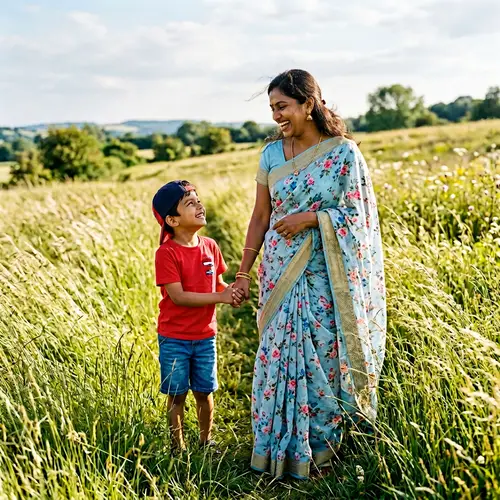 Beautiful Woman and Boy Sharing Joyful Moment in Sunlit Field