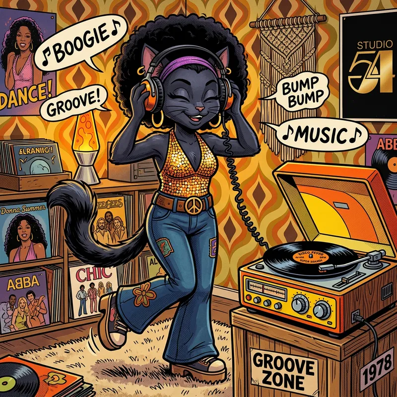 Anthropomorphized Black Cat in 1970s Disco Fashion | Comic Style