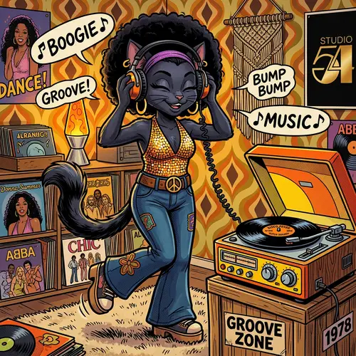 1970s Fashion Feline Grooving to Disco Music | Comic Style