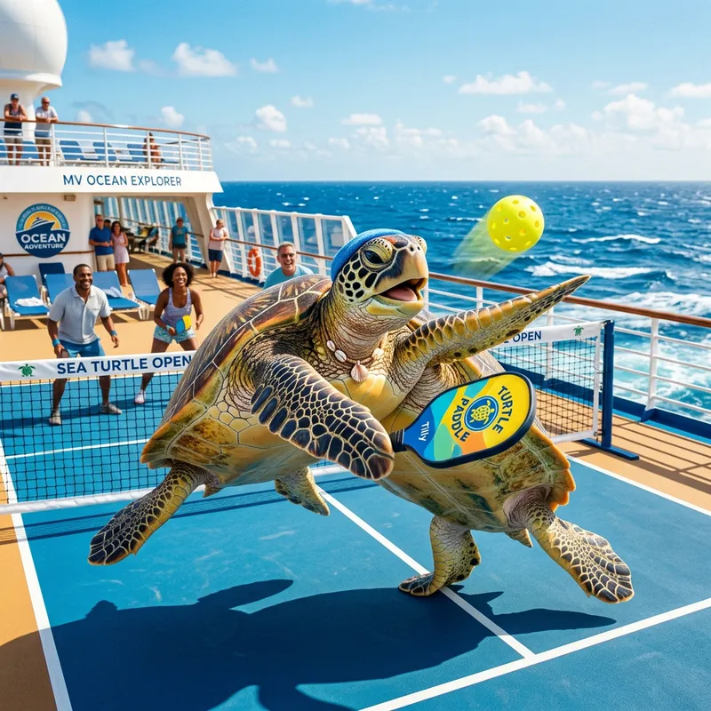 Whimsical Sea Turtle playing Pickleball on Beach Court