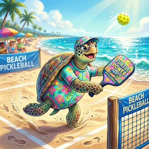 Playful Sea Turtle with Pickelball Paddle on Beach Court