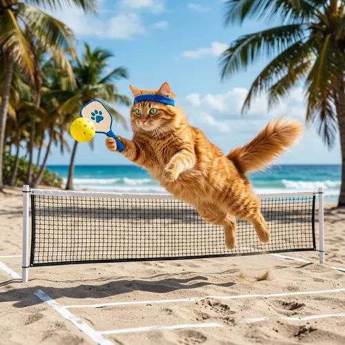Fluffy Orange Cat Playing Pickleball on Sunny Beach