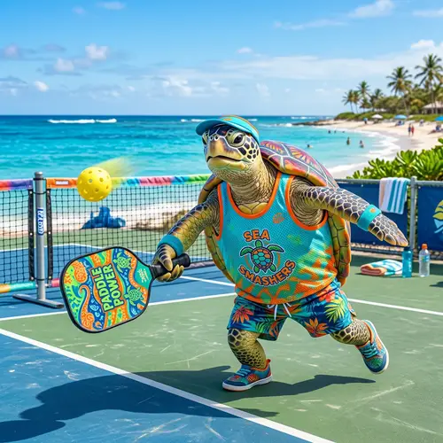 Playful Sea Turtle with Pickelball Paddle - Whimsical Wildlife Scene