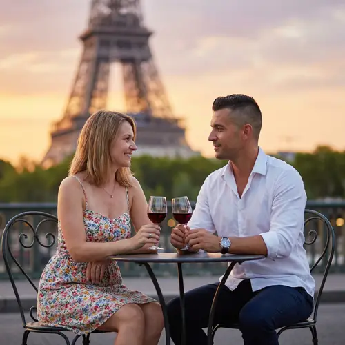 Romantic Couple Drinking Wine by the Eiffel Tower