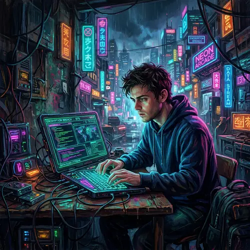 Vibrant Neon Concept Art: Modern Hacker Portrait