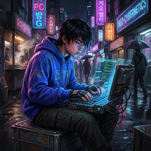 Futuristic Neon Concept Art: East Asian Boy Hacking in Blue Hoodie